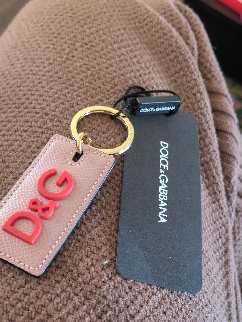 Dolce & Gabbana Pink Leather Tag Key Ring with Red D&G Logo